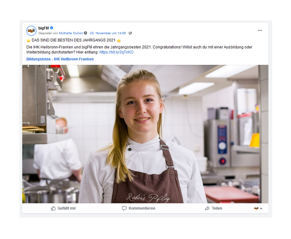 Post mit einer Auszubildenden Köchin