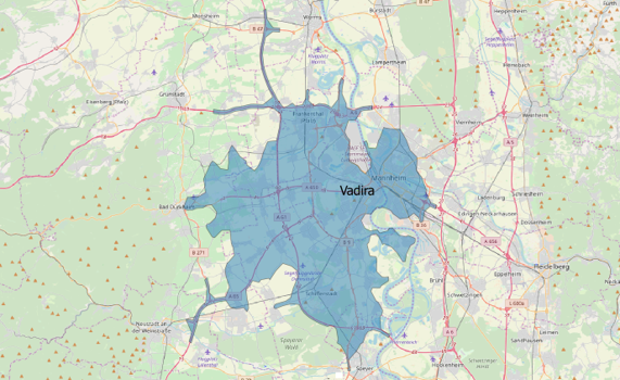Abbildung 1: Einzugsgebiet mit einer 20-minütigen Fahrzeit um die Zentrale von Vadira auf Basis von OpenStreetMap und QGIS