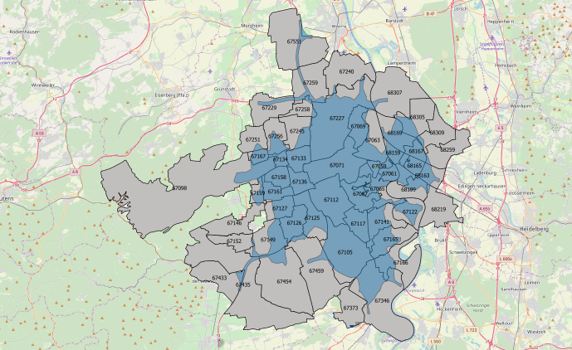 Ermittlung aller Postleitzahlgebiete innerhalb des Einzugsgebietes auf Basis von OpenStreetMap und QGIS