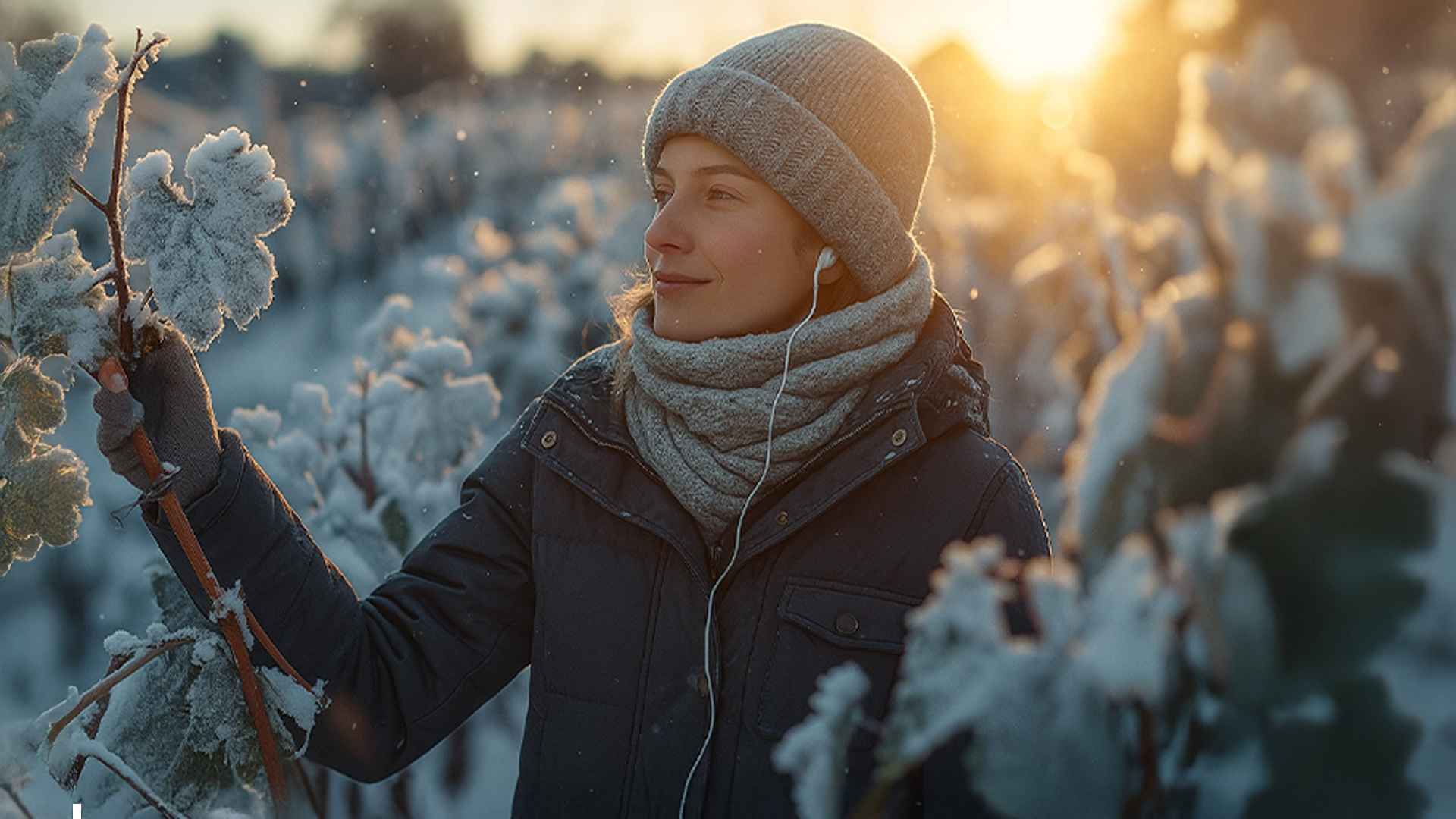 Lächelnde Frau mit Kopfhörern mit einer grauen Mütze und Schal steht in der Sonne zwischen schneebedeckten Reben