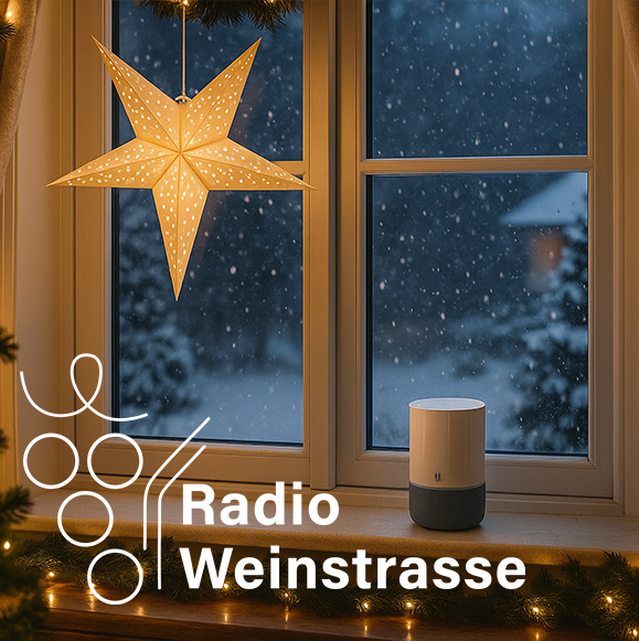 Ein leuchtender Stern hängt vor einem Sprossenfenster, auf der Fensterbank steht ein Smartspeaker und draußen fällt Schnee auf Bäume.