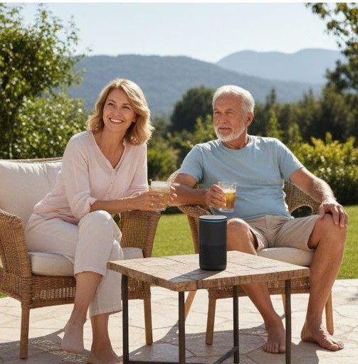 Ein Mann mit grauem Haar und eine lächelnde Frau sitzen barfuß auf einer Terrasse im Grünen und hören Musik über einen Smart Speaker, der auf dem Tisch vor ihnen steht.