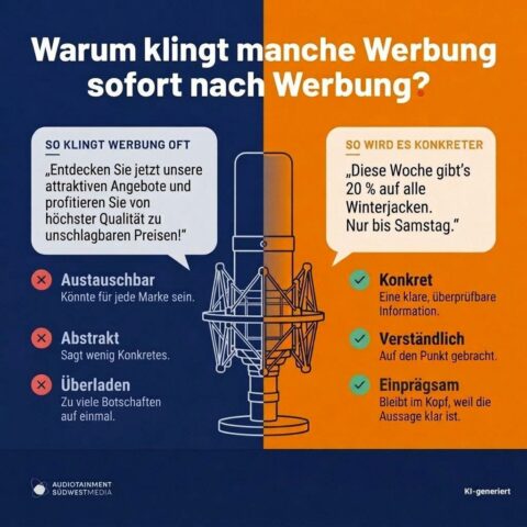 Vergleich zweier Werbeaussagen: allgemeine Versprechen links, konkretes Angebot „20 % auf alle Winterjacken, nur bis Samstag“ rechts
