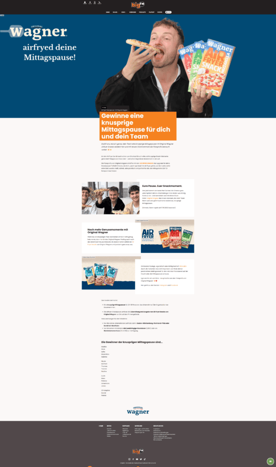 Screenshot einer Microsite der Original Wagner Air Fryer Snacks-Kampagne auf bigFM.de